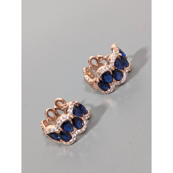 Bomb Party Faux Sapphire CZ Rose Gold Tone Hoop Huggie Earrings Pierced - Picture 3 of 10